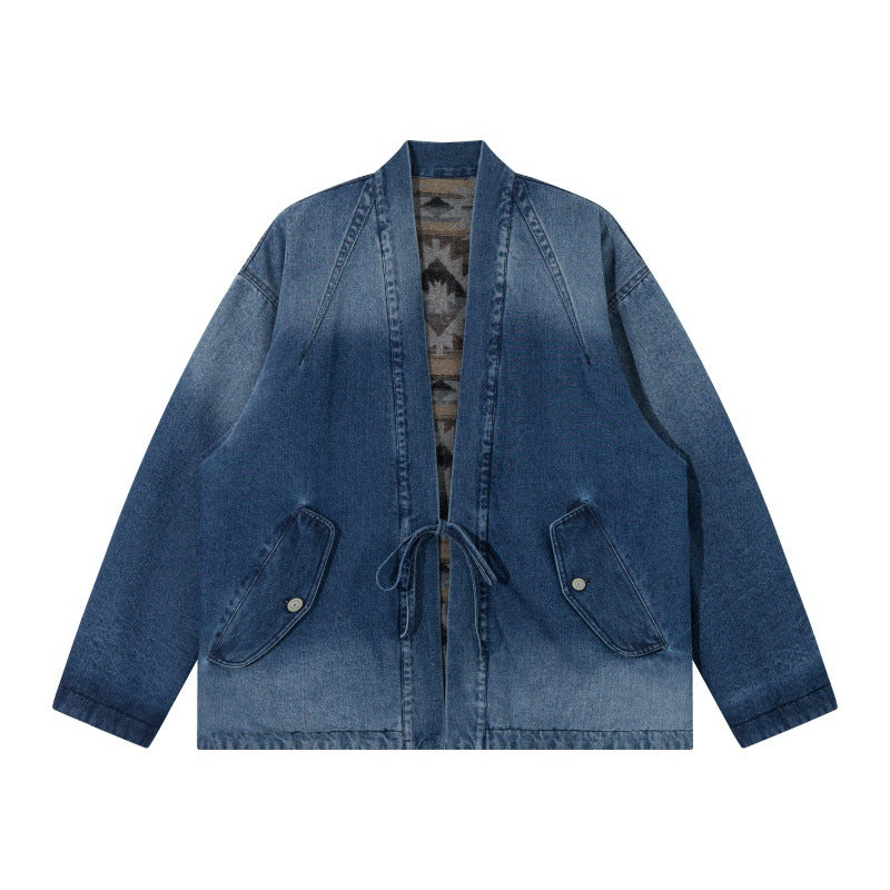 Unisex Jeans Kimono Jacket with Tie Belt and Patterned Lining EVA-US