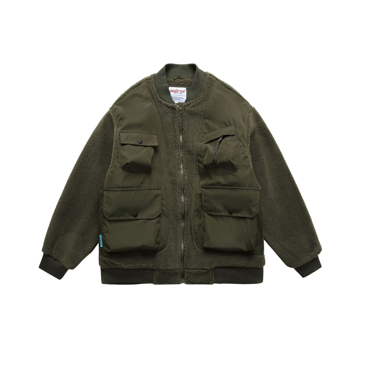 Men's Teddy Fleece Bomber Jacket with Utility Pockets and Nylon Inserts EVA-US