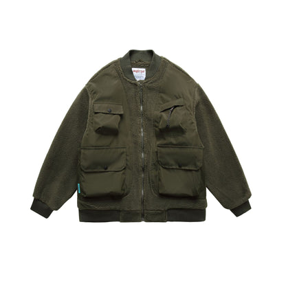 Men's Teddy Fleece Bomber Jacket with Utility Pockets and Nylon Inserts EVA-US