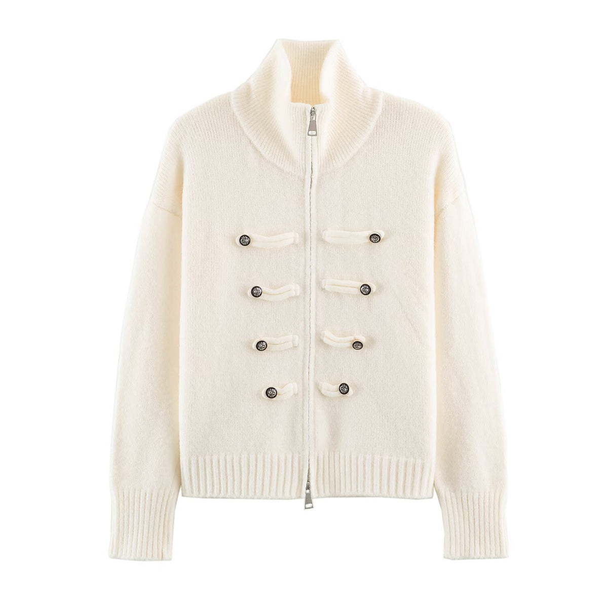 Women's cardigan with zipper, high stand-up collar, and decorative button plackets EVA-US