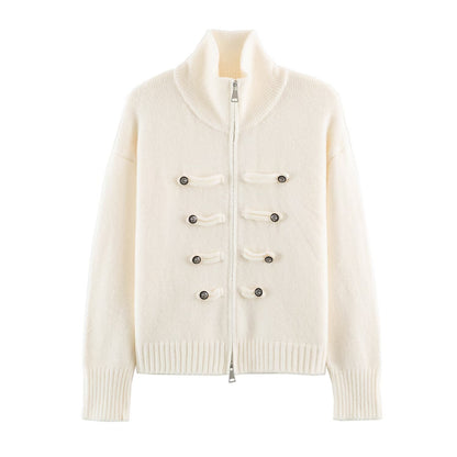 Women's cardigan with zipper, high stand-up collar, and decorative button plackets EVA-US