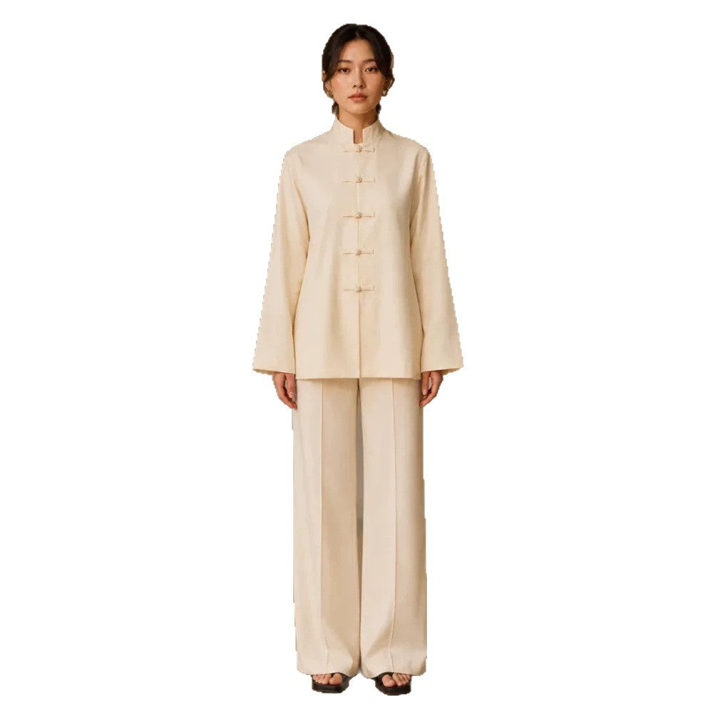 Women's Mandarin Collar Tunic Jacket with Knot Closures and Wide Palazzo Pants EVA-US