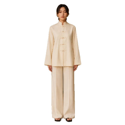 Women's Mandarin Collar Tunic Jacket with Knot Closures and Wide Palazzo Pants EVA-US