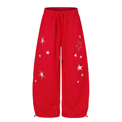Women Wide Palazzo Sweatpants with Pinstripes, Star Print & Adjustable Hem