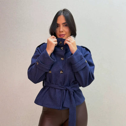 Women Short Double-Breasted Coat with Stand Collar and Tied Belt EVA-US