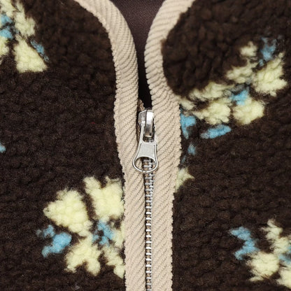 Women's teddy fleece jacket with floral allover pattern, stand-up collar and zipper EVA-US