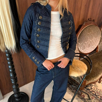 Women's military-inspired fitted short jacket with decorative pleats and metal buttons EVA-US
