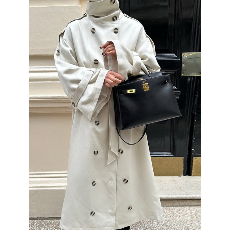 Women's Long Oversized Trench Coat with High Stand Collar, Bell Sleeves and Tie Belt EVA-US