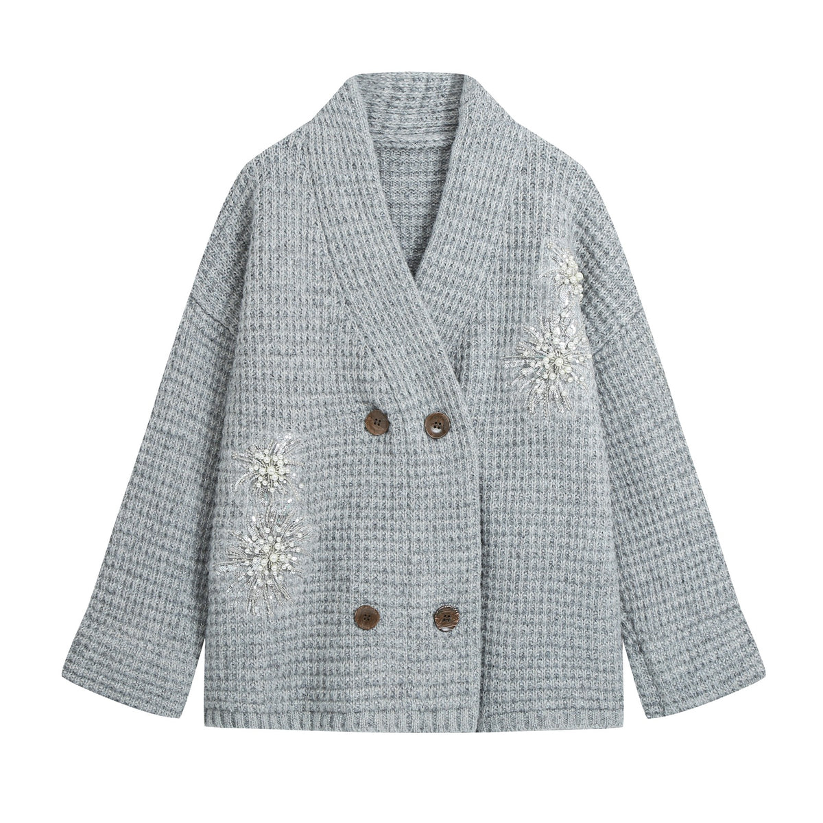 Women Chunky Knit Double-Breasted Cardigan Coat with Shawl Collar and Pearl Sequin Application EVA-US