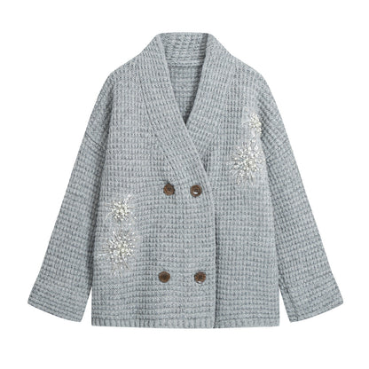 Women Chunky Knit Double-Breasted Cardigan Coat with Shawl Collar and Pearl Sequin Application EVA-US
