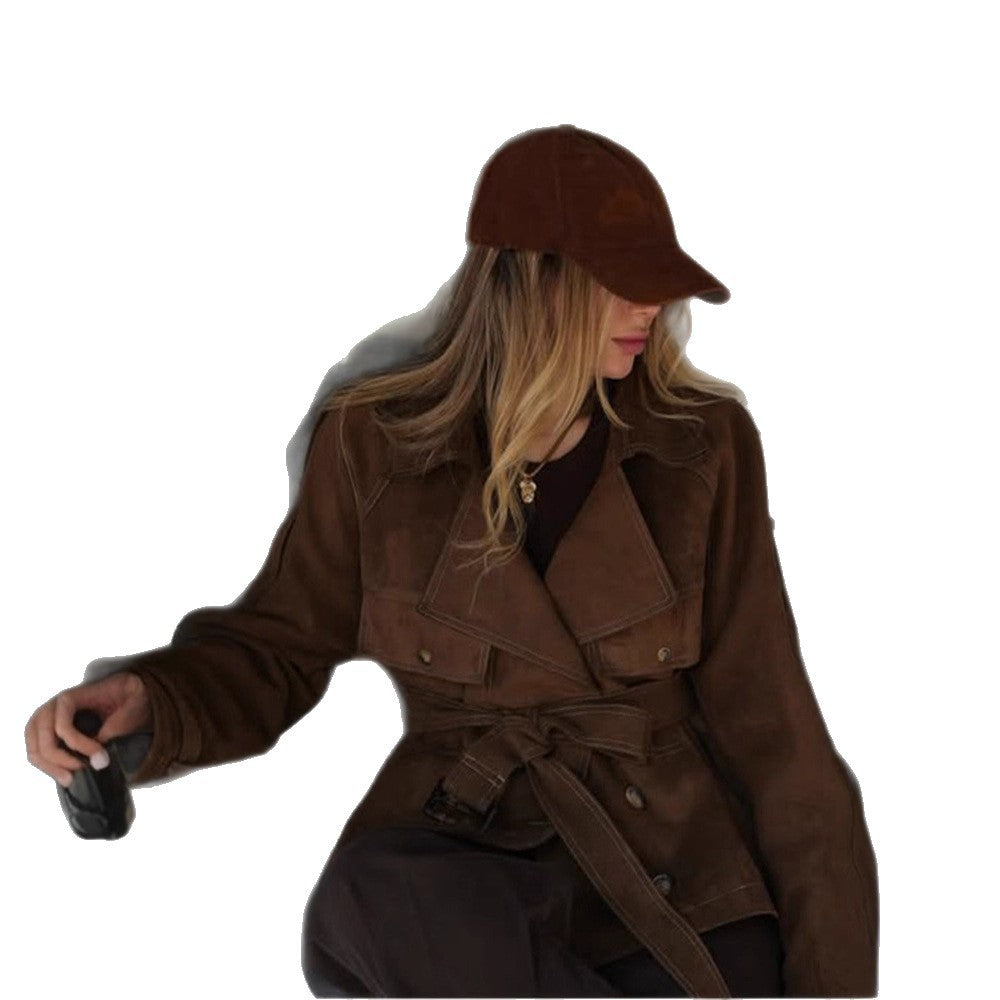 Women's Short Cut Suede Trench Coat with Waist Belt and Adjustable Cuffs EVA-US