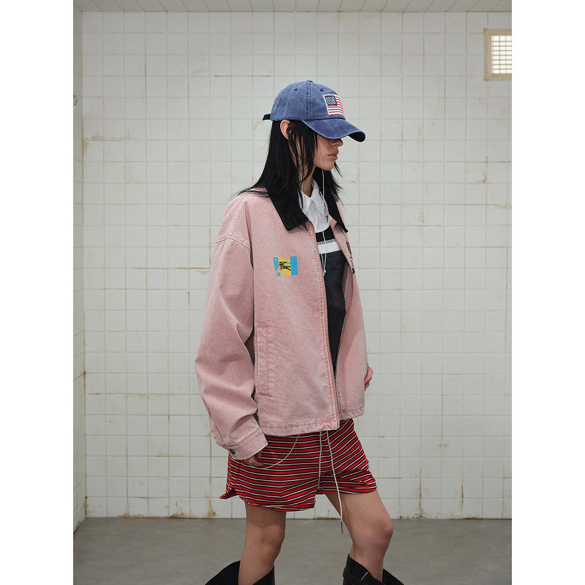 Unisex Boxy Blouson Jacket made of washed cotton twill with cord collar and print details EVA-US