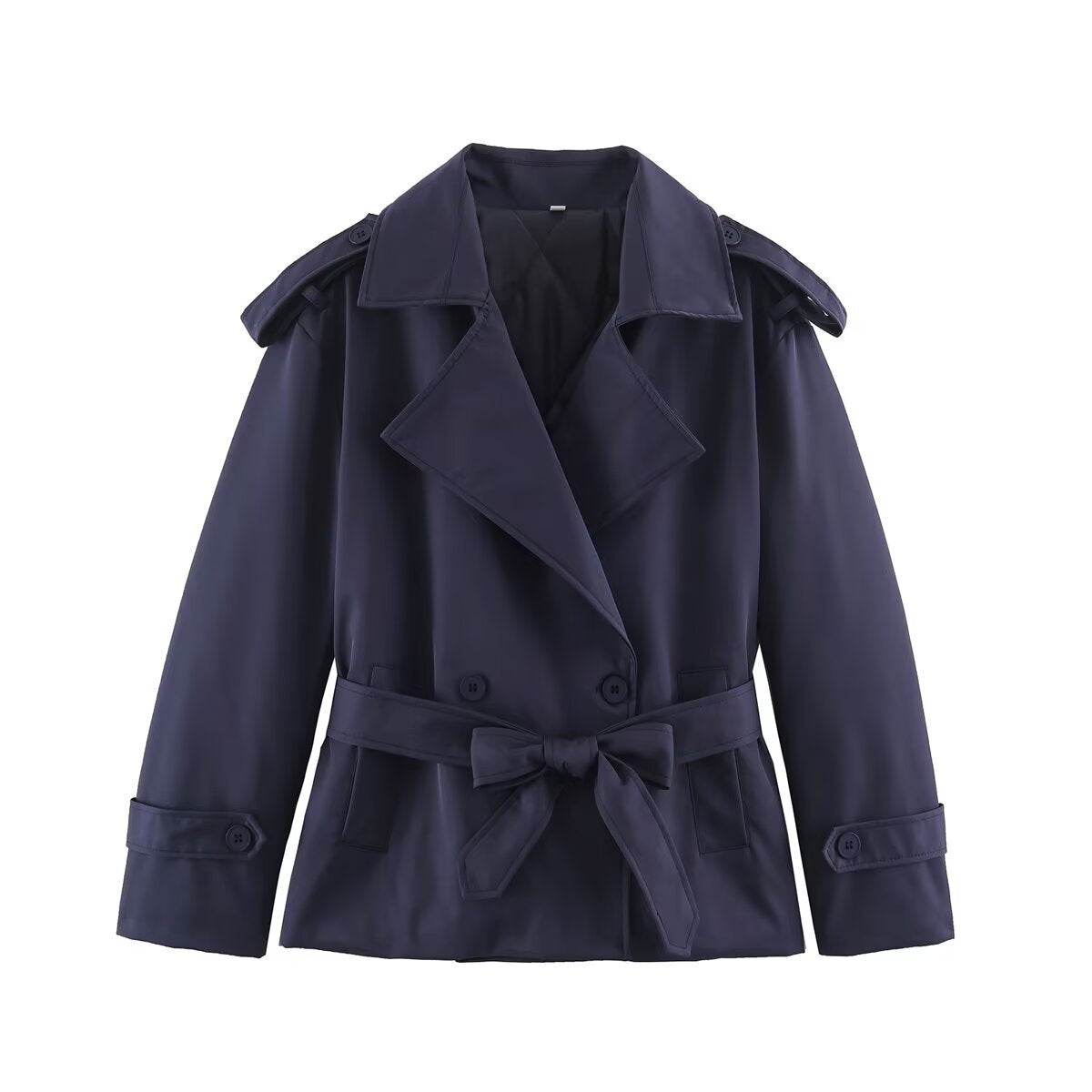 Women's Tailored Short Trench Coat with Tie Belt and Shoulder Patches EVA-US