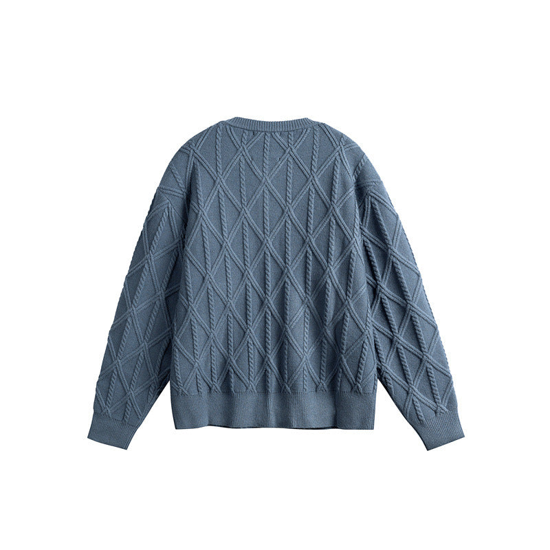 Ladies' knitted cardigan in boxy cut with textured diamond pattern, round neck and continuous button placket EVA-US
