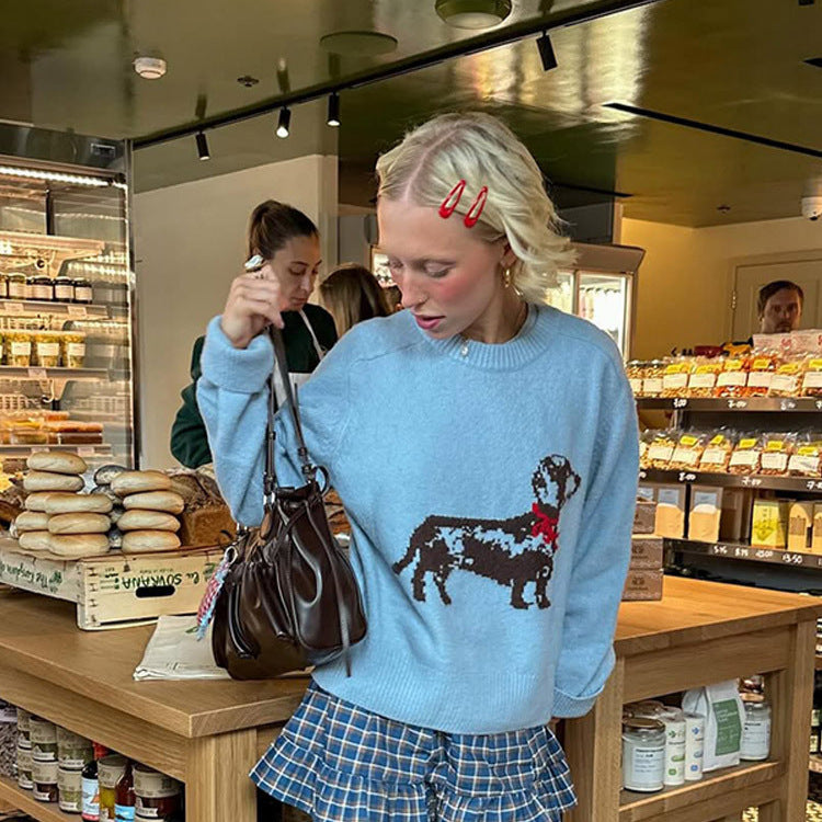 Women's knit sweater with dachshund intarsia and relaxed oversized fit EVA-US