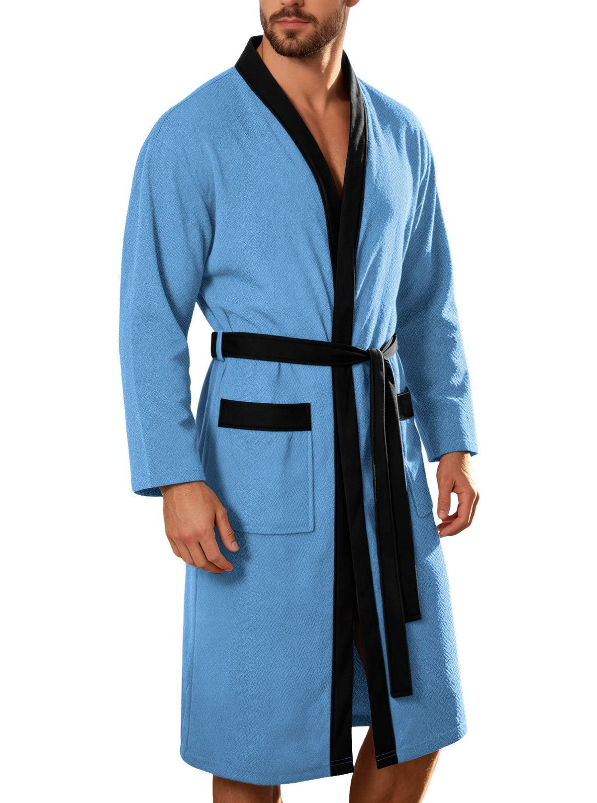 Men's lightweight cotton kimono bathrobe with waffle texture and patch pockets EVA-US