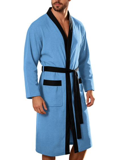 Men's lightweight cotton kimono bathrobe with waffle texture and patch pockets EVA-US