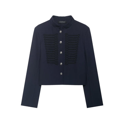 Women Short Military-Inspired Wool Blend Blazer with Stand-Up Collar and Decorative Cord Detail EVA-US