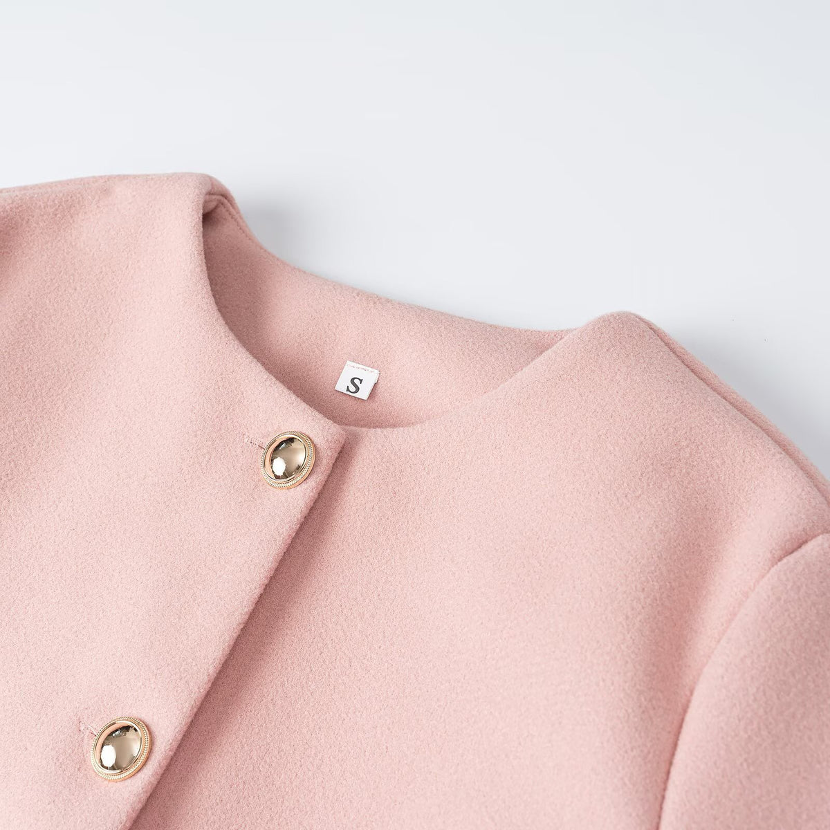 Women's short jacket made of wool blend with round neckline, patch pockets and gold decorative buttons EVA-US