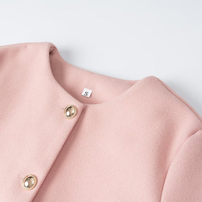Women's short jacket made of wool blend with round neckline, patch pockets and gold decorative buttons EVA-US
