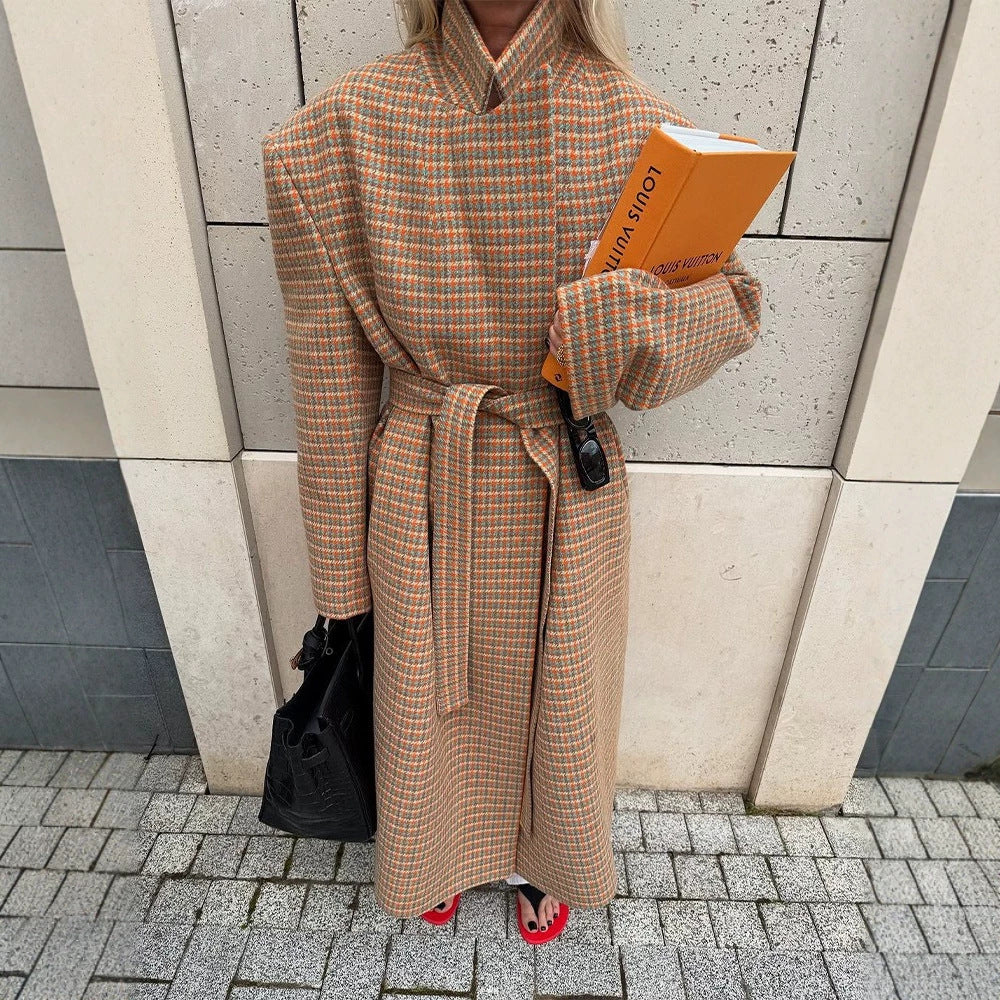 Women's Oversized Wool Check Coat with Waist Belt and Emphasized Shoulder Area EVA-US
