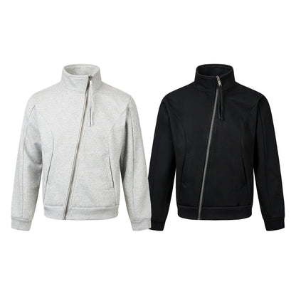 Unisex Short-cut Sweat Jacket with High Stand-up Collar and Asymmetrical Zipper EVA-US