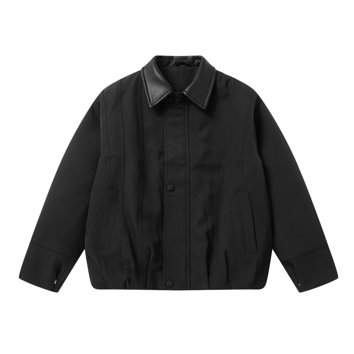 Men's Short Boxy Workwear Blouson with Leather Collar and Vertical Quilting EVA-US