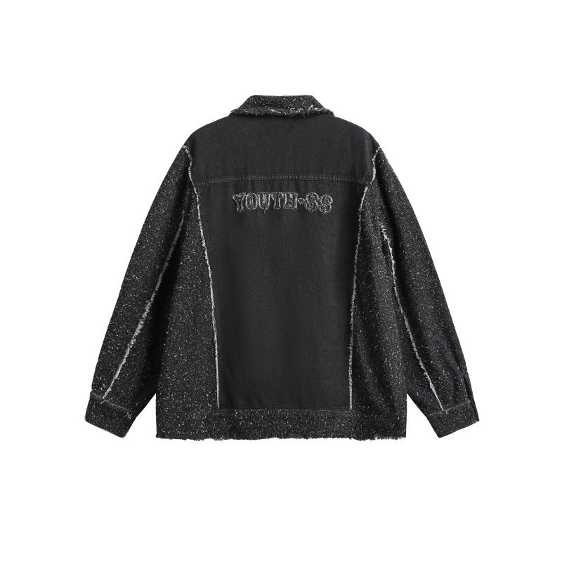 Unisex Oversized Denim Jacket with Mélange Boucle Sleeve and Frayed Edge EVA-US