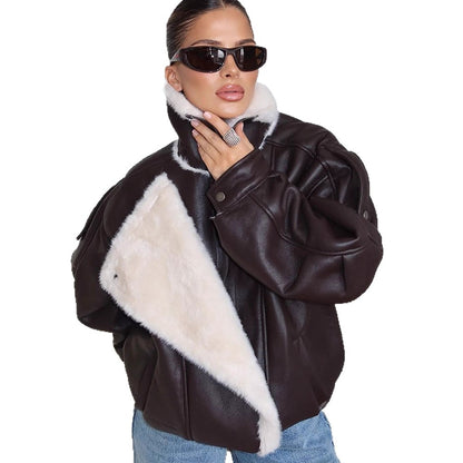 Women's Oversized Pilot Jacket made of Faux Leather with Asymmetrical Faux Fur Trim EVA-US
