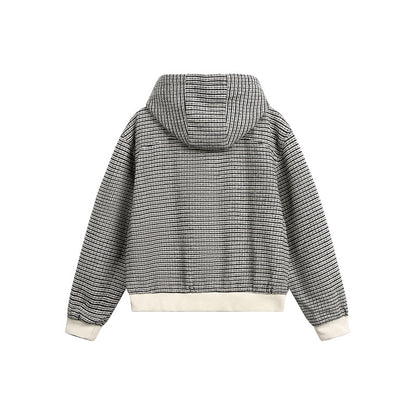 Unisex short-cut hooded blouson jacket in mixed structure with toggle closure and ribbed cuffs EVA-US
