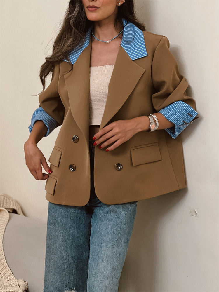 Women Oversized double-breasted blazer with contrast collar & cuffed sleeves EVA-US