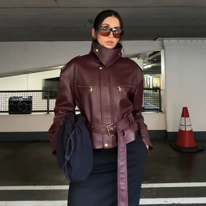 Women's tailored faux leather bomber jacket with high stand-up collar and tie belt EVA-US