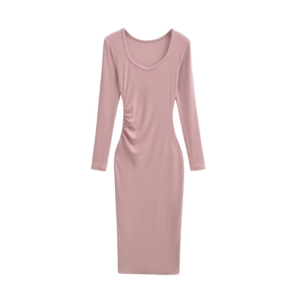 Women's Fitted Midi Dress with Side Ruching and Double Neckline EVA-US