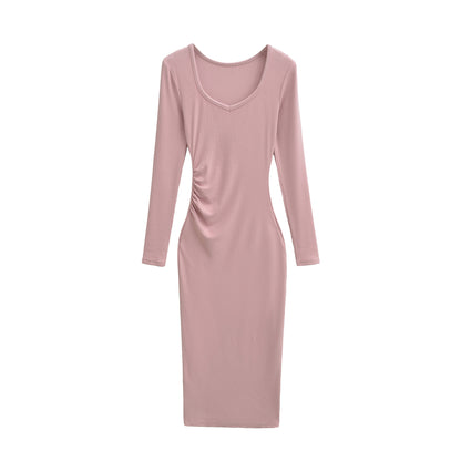 Women's Fitted Midi Dress with Side Ruching and Double Neckline EVA-US