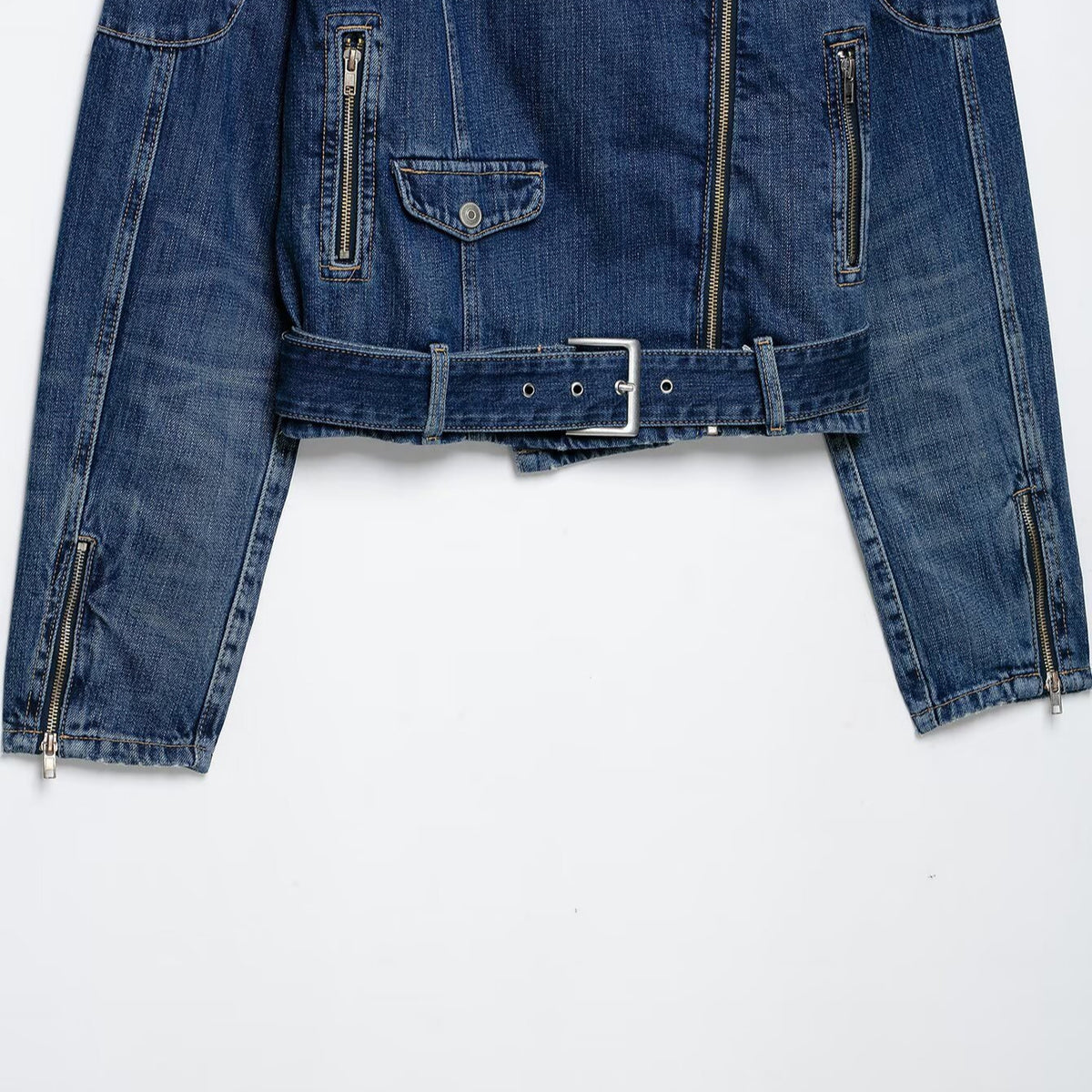 Women's Short Denim Biker Jacket with Belt and Asymmetrical Zipper EVA-US