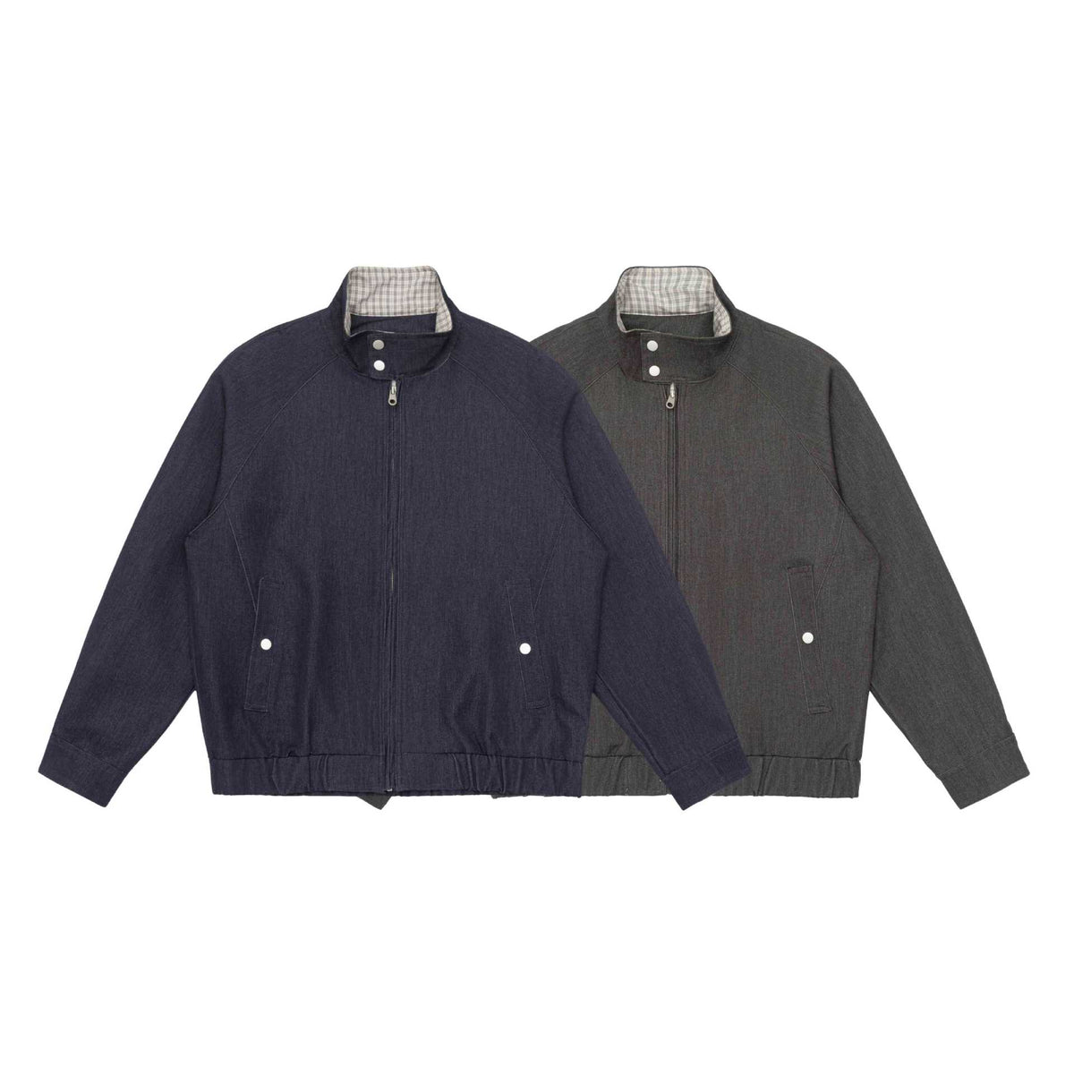 Unisex short jacket in denim mix with quilted division, stand-up collar and concealed zipper EVA-US