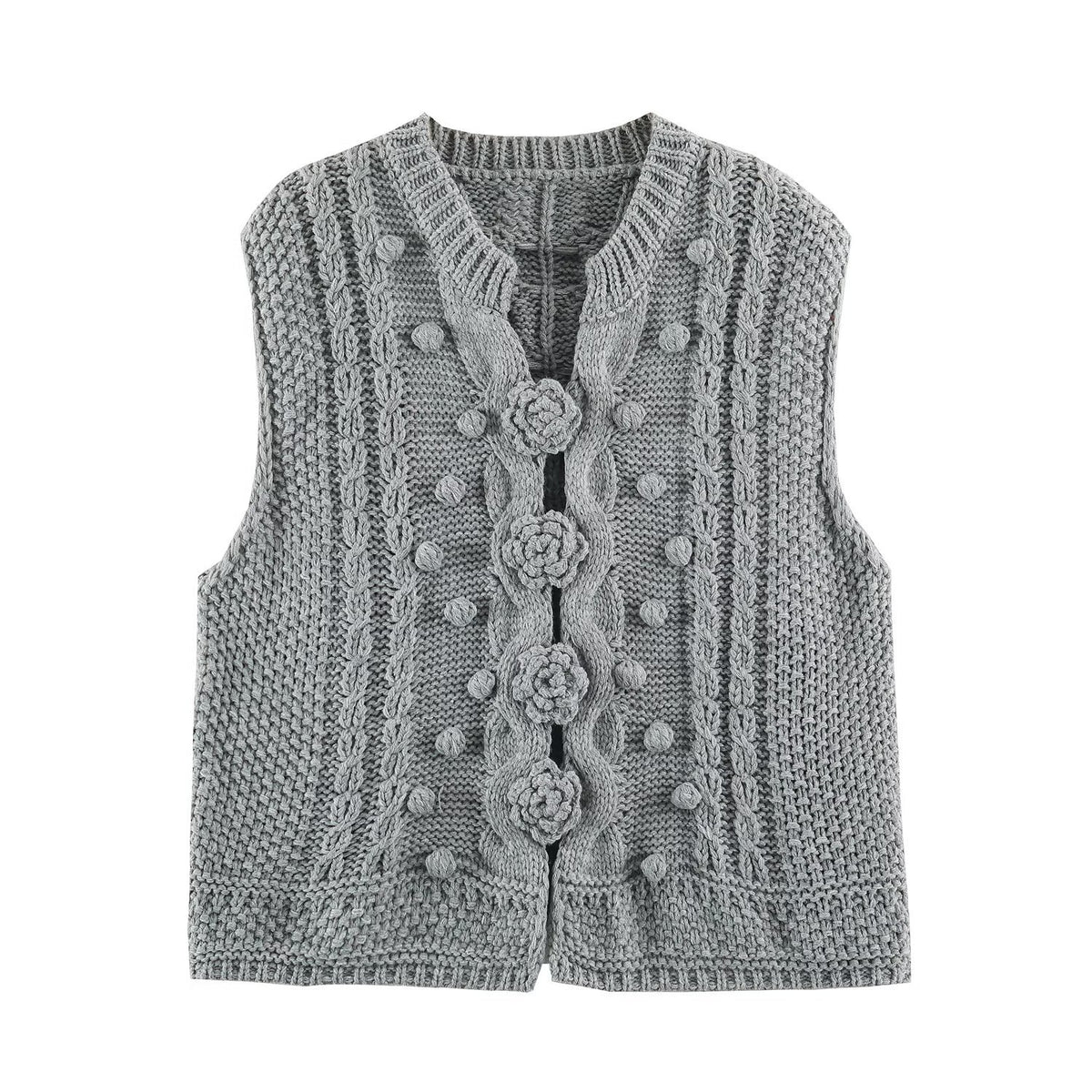 Women's knitted vest with cable pattern, flower appliqués and bobble texture EVA-US