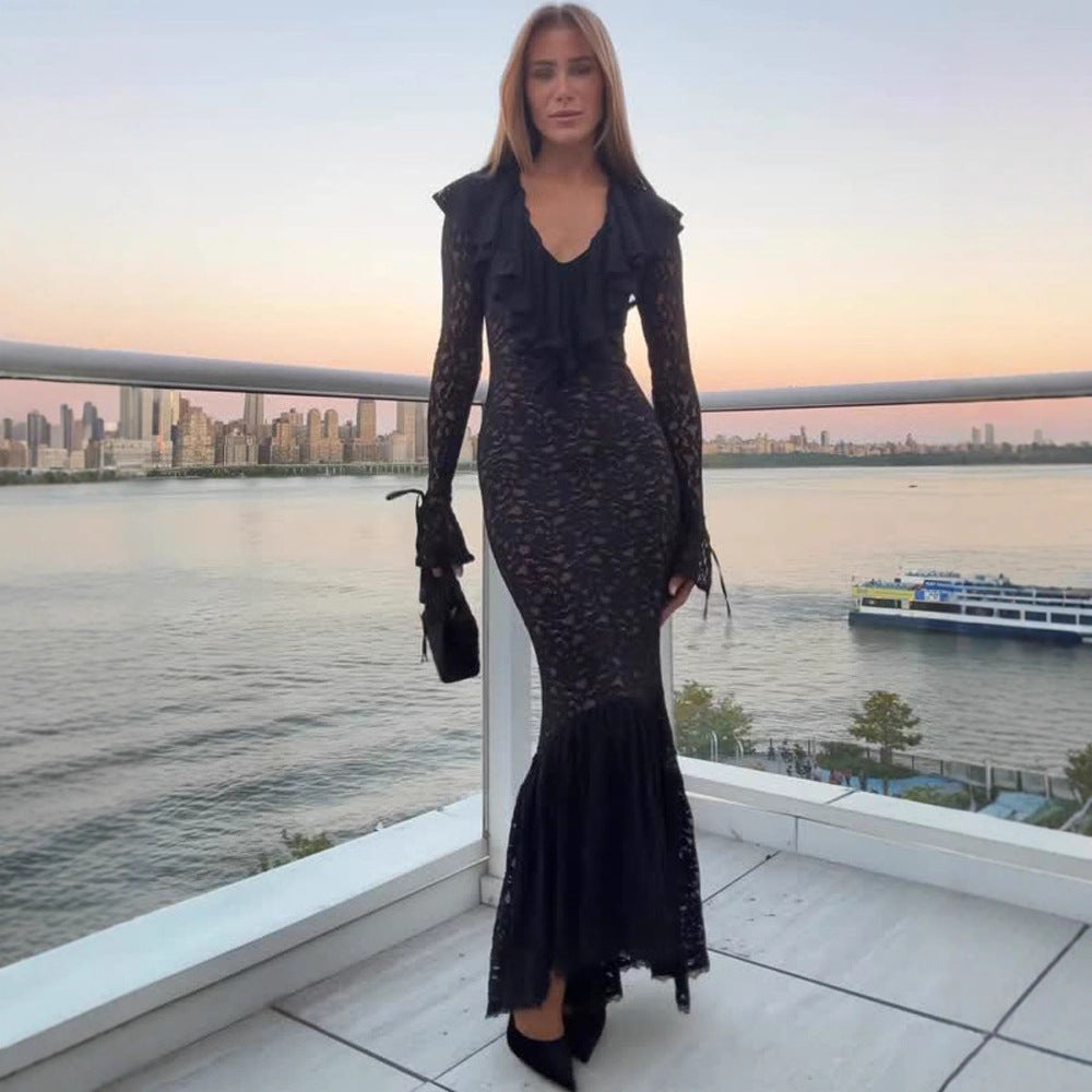 Women Figur-hugging Lace Maxi Dress with Ruffle Collar and Bell Hem EVA-US