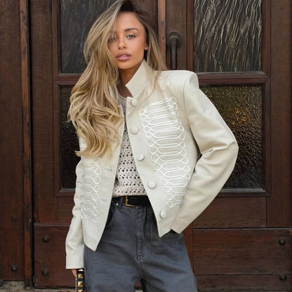 Women's short jacket in military style with decorative cord embellishment and stand-up collar EVA-US