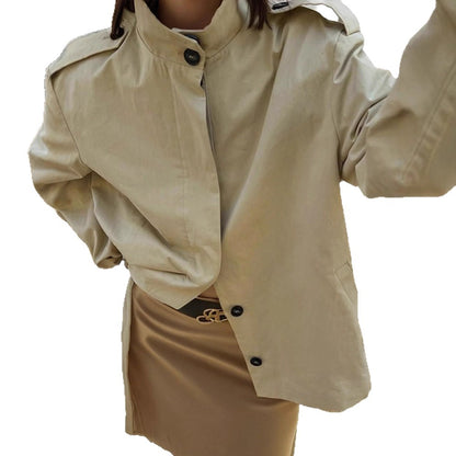 Women's Short Blouse-Trench with Stand-up Collar, Shoulder Patches and Balloon Sleeves EVA-US