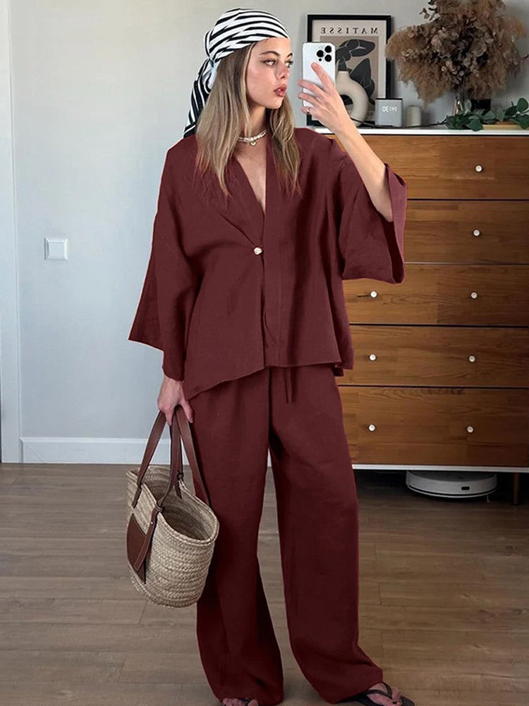 Women Casual Linen Look Two Piece with Kimono Blazer and Wide Palazzo Pants EVA-US