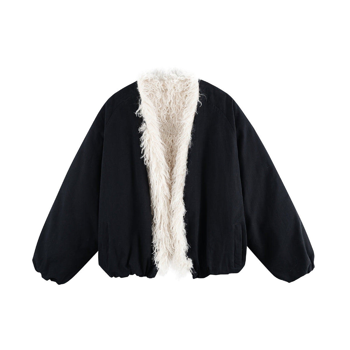 Women's short jacket in oversized cut with voluminous teddy lining and elastic hem