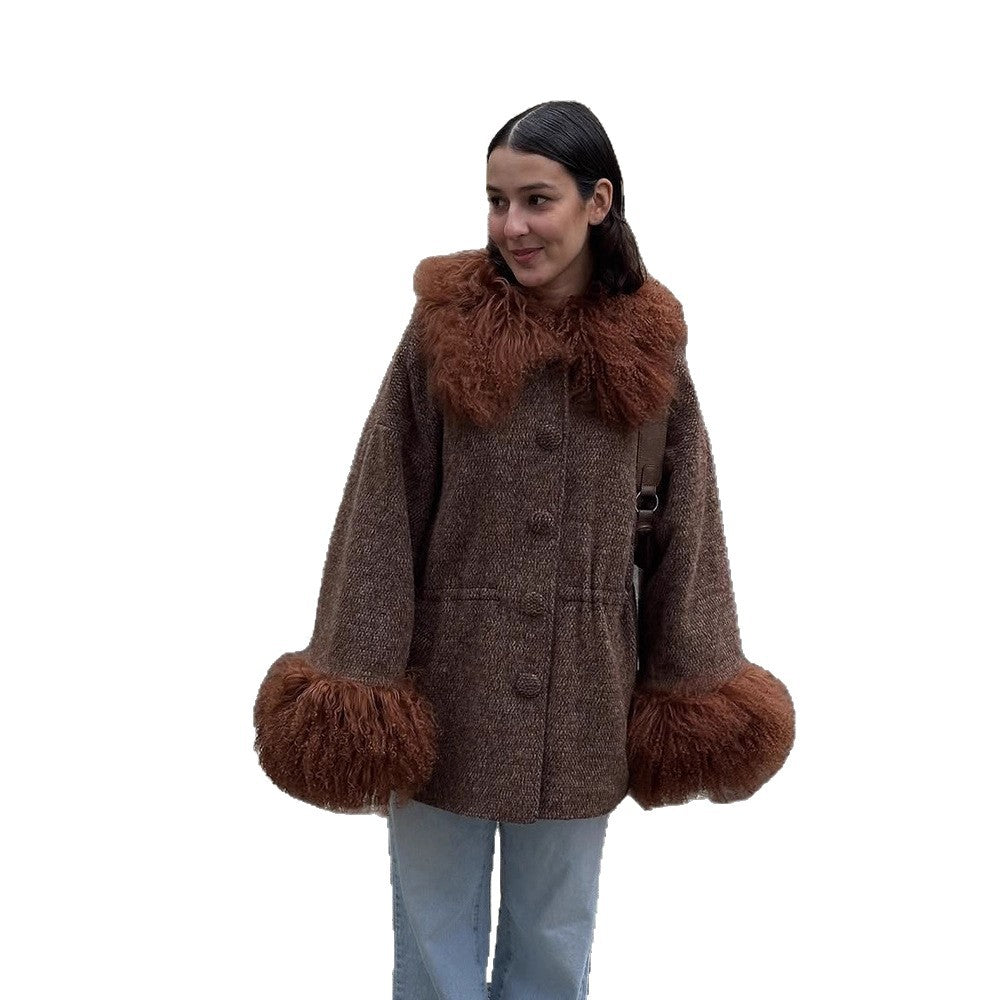 Women's Oversize Wool Blend Brand Coat with voluminous lamb fur imitation collar and extra wide sleeve cuffs EVA-US