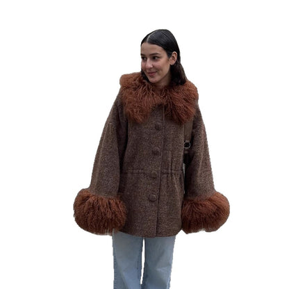 Women's Oversize Wool Blend Brand Coat with voluminous lamb fur imitation collar and extra wide sleeve cuffs EVA-US