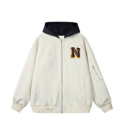 Unisex Boxy-Multi-layer Bomber Jacket with Integrated Hood and Collegiate Patch EVA-US