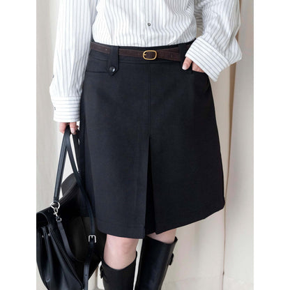 Women Knee-Length A-Line Skirt with Center Slit and Waist Pockets EVA-US