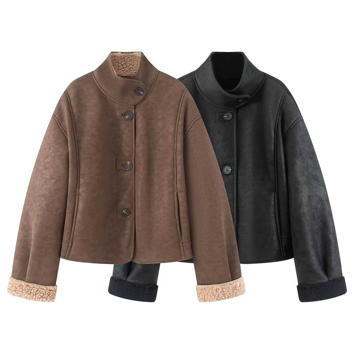 Women's Short Lambskin-Look Jacket with Stand-up Collar and Button Placket EVA-US