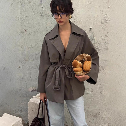 Women Short Trench Coat with Tied Belt and Oversized Sleeves EVA-US