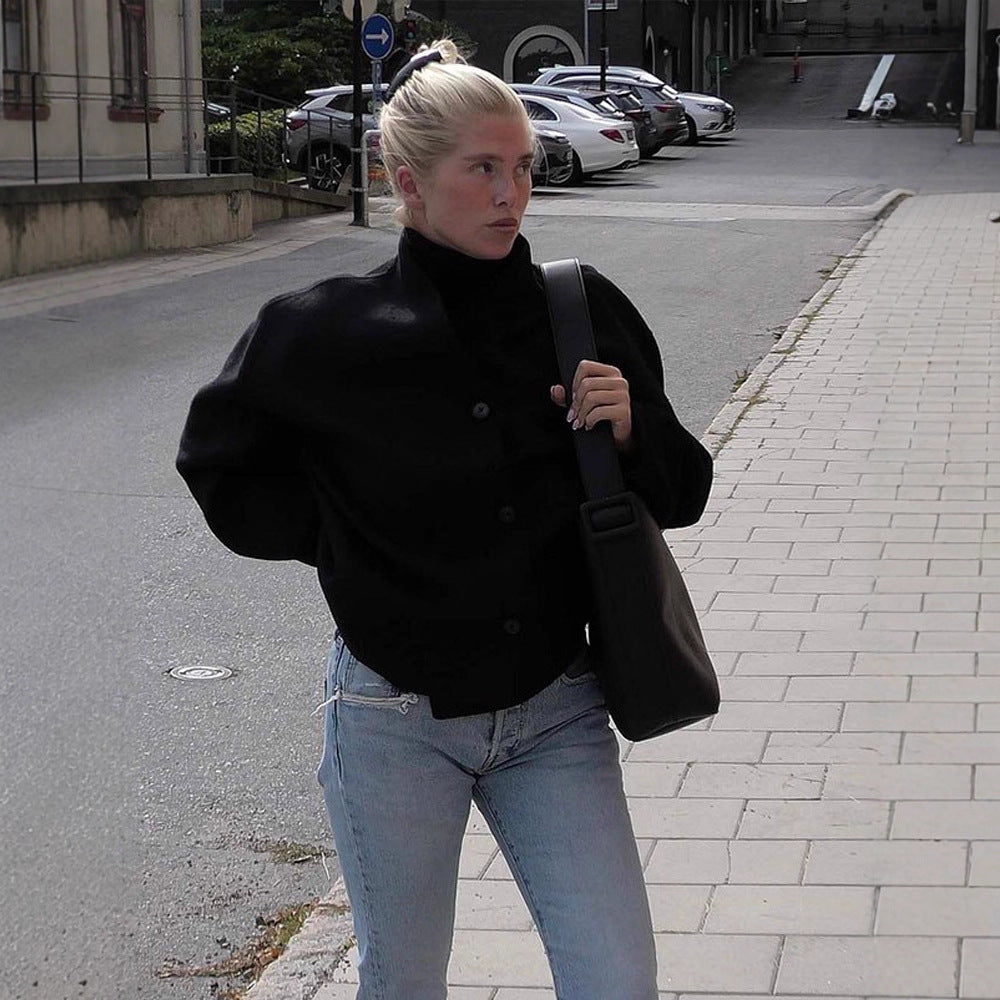 Women's short coat made of wool blend with boxy silhouette and distinctive button placket EVA-US