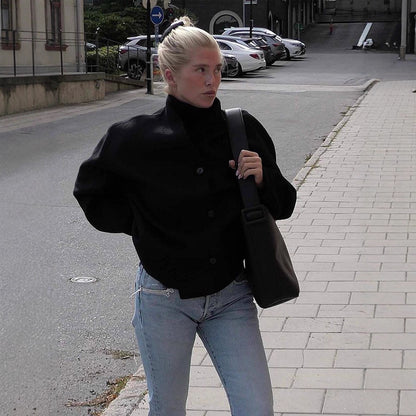 Women's short coat made of wool blend with boxy silhouette and distinctive button placket EVA-US